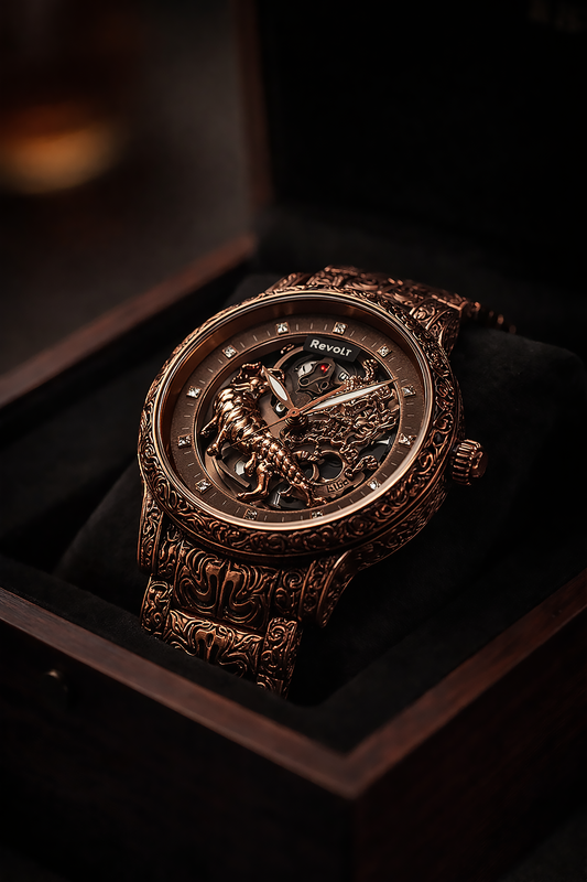 Revolt  Luxury Lion Curved Black Dial and Chain Men Wrist Watch