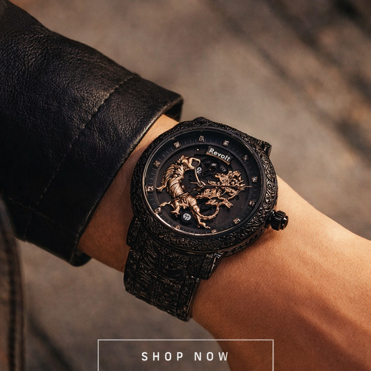 Revolt  Luxury Lion Curved Black Dial and Chain Men Wrist Watch