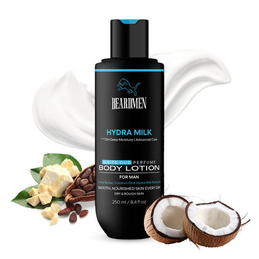 BEARDMEN Hydra Milk White Oud Perfume Body Lotion for Men with Cocoa Butter 72H Moisture (250 ml)