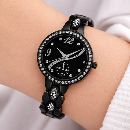 Elite Noir Diamond-Style Women's Statement Watch | Iced-Out Jewelry Timepiece