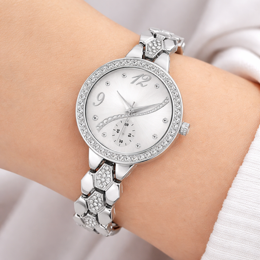 Iced-Out Luxury Silver Bangle Watch – Crystal Encrusted Elegant Timepiece