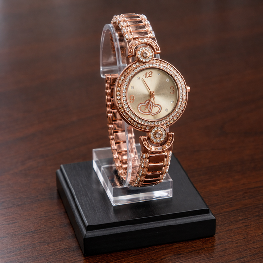 Rose Gold Interlocking Hearts Crystal Embellished Luxury Watch
